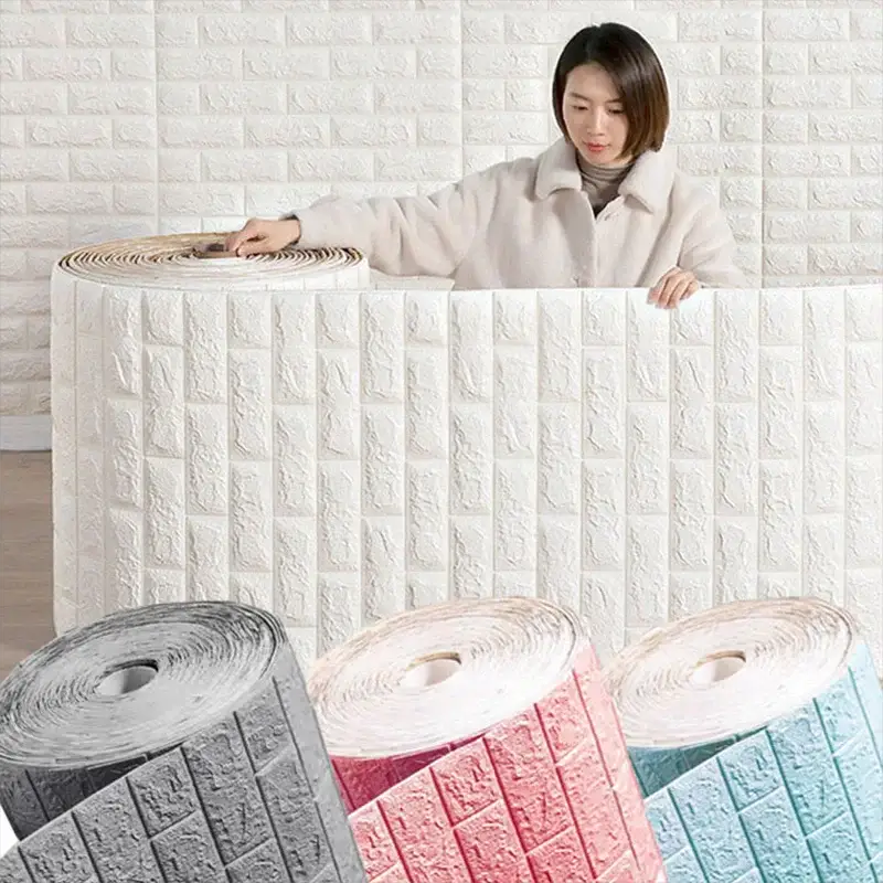 3D brick-pattern wall panels wallpaper, white textured, waterproof roll; 4 color rolls in gray pink red blue