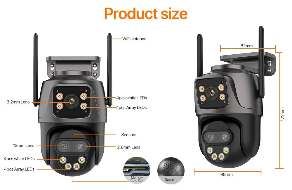 Simples Market IP Camera with dual-screen PTZ, 3 lenses, outdoor WiFi, 6K/9MP video surveillance