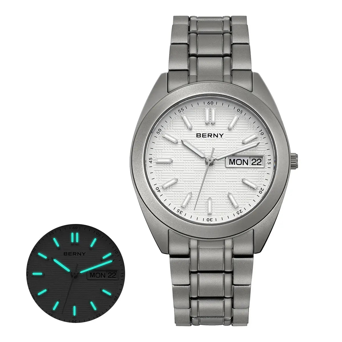 BERNY titanium men's watch with 38mm silver case, white textured dial and day-date window