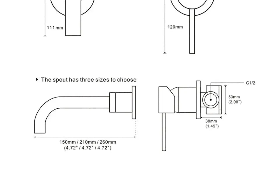 Basin faucet wall-mounted bathroom mixer schematic with curved spout and single lever handle, dimensions shown