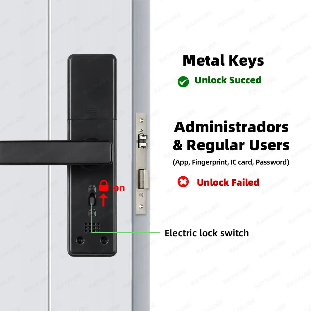 RAYKUBE K20 biometric door lock; black electronic lock with handle, supports fingerprint, IC card, password, or key.