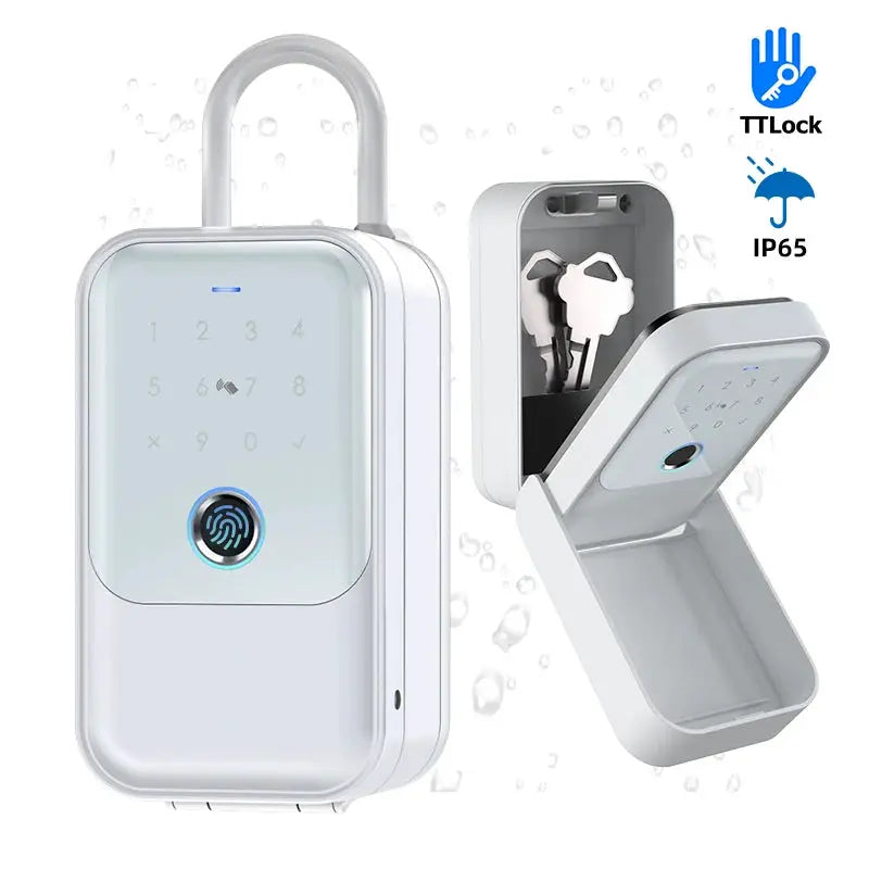 TTLock smart lock box with fingerprint scanner and numeric keypad, white portable IP65 waterproof design