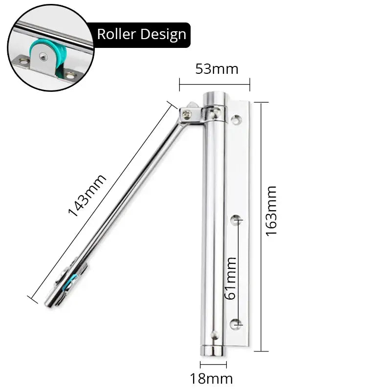 KAK 50KG adjustable door closer in aluminum alloy, silver finish with roller design mounting plate