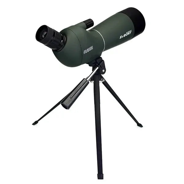 SVBONY SV28 spotting scope on tripod with green olive body and zoom eyepiece