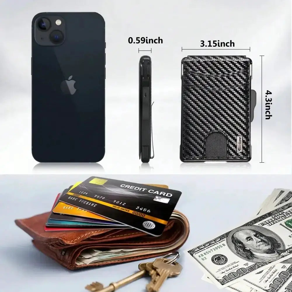 Simples Market men's minimalist wallet, black carbon-fiber with money clip, ID window, RFID blocking (9-13 cards)