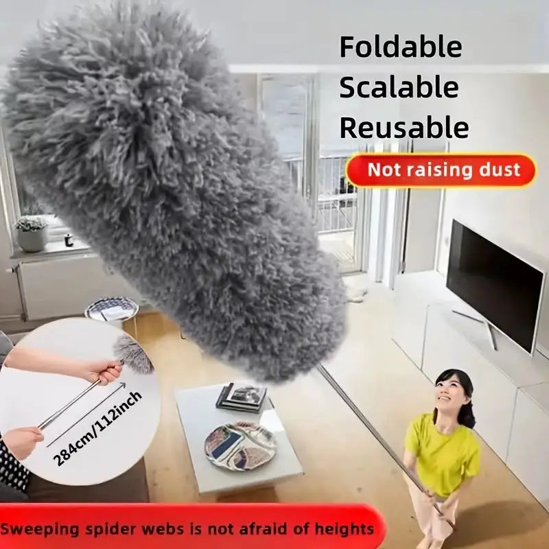 Extendable microfiber duster wand with retractable pole, 284 cm/112 in reach for high ceilings, by Simples Market.