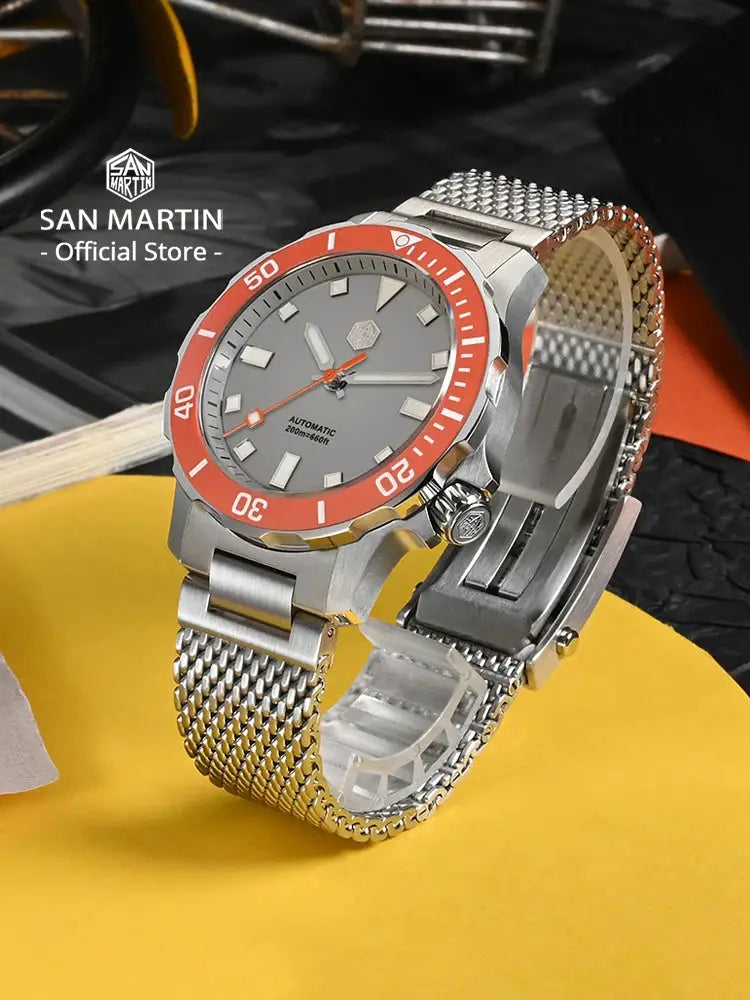 San Martin diver watch with red bezel, grey dial, Milanese bracelet, NH35 automatic, 200m