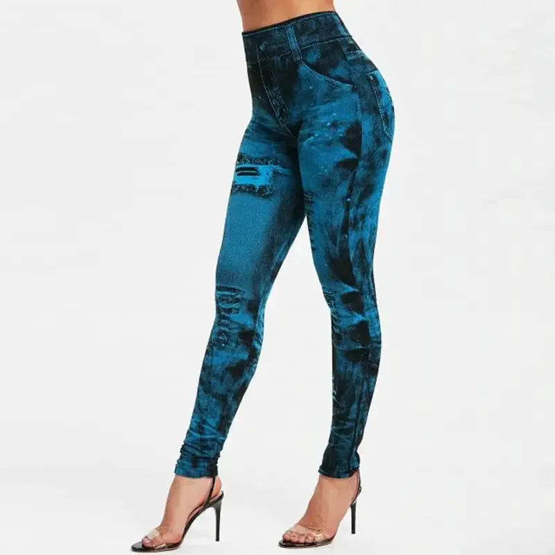VivaFlex Women Imitation Jeans Stretch Leggings High Waist Slim Push Up Fit All Day Comfort