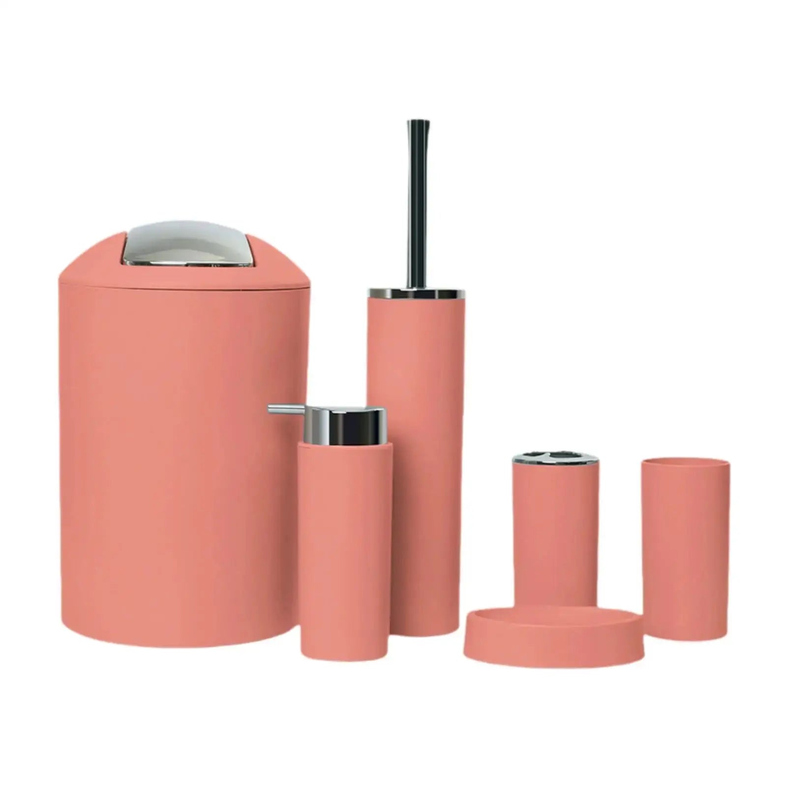 6-piece pink bathroom accessories set including trash can, lotion dispenser, toothbrush holder