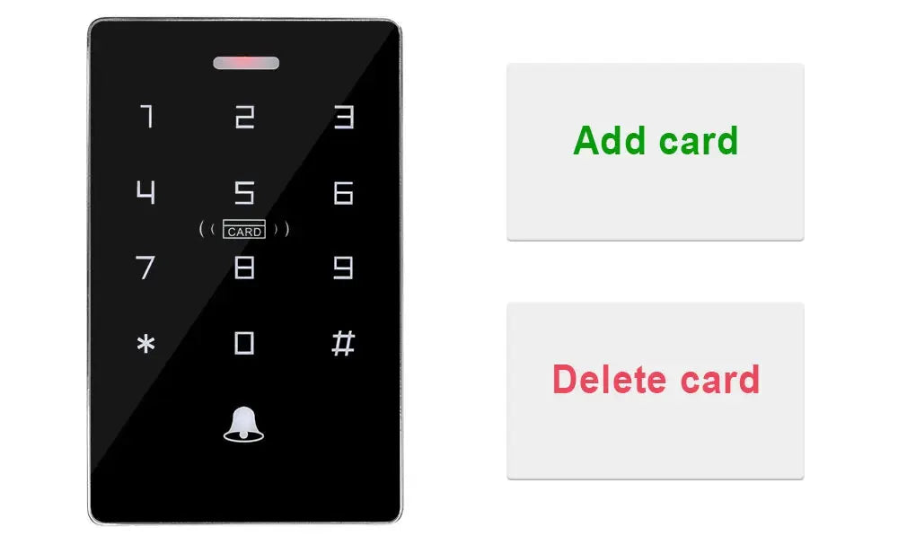 Outdoor access control keypad, black touchscreen with numeric keys and RFID indicator