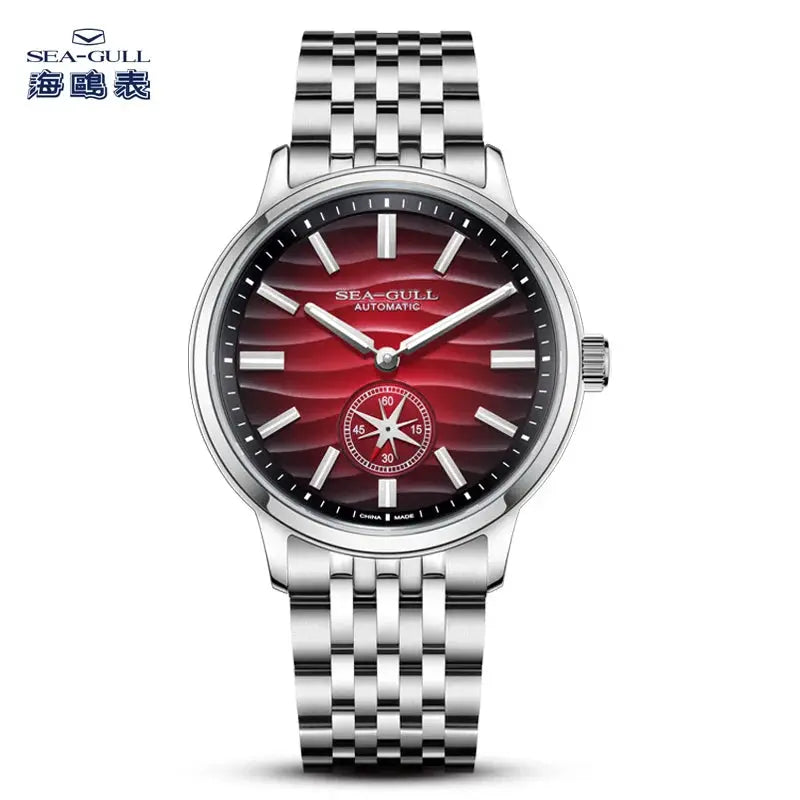 Sea-Gull automatic men's watch with stainless steel bracelet and red gradient dial with luminous markers