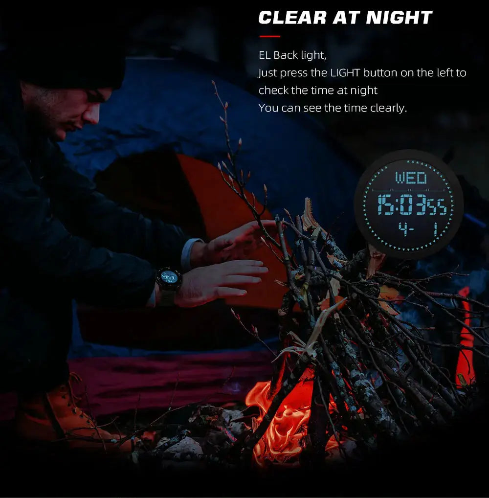 North Edge Alps men's digital watch by Simples Market with carbon-fiber look worn by a camper beside a campfire.