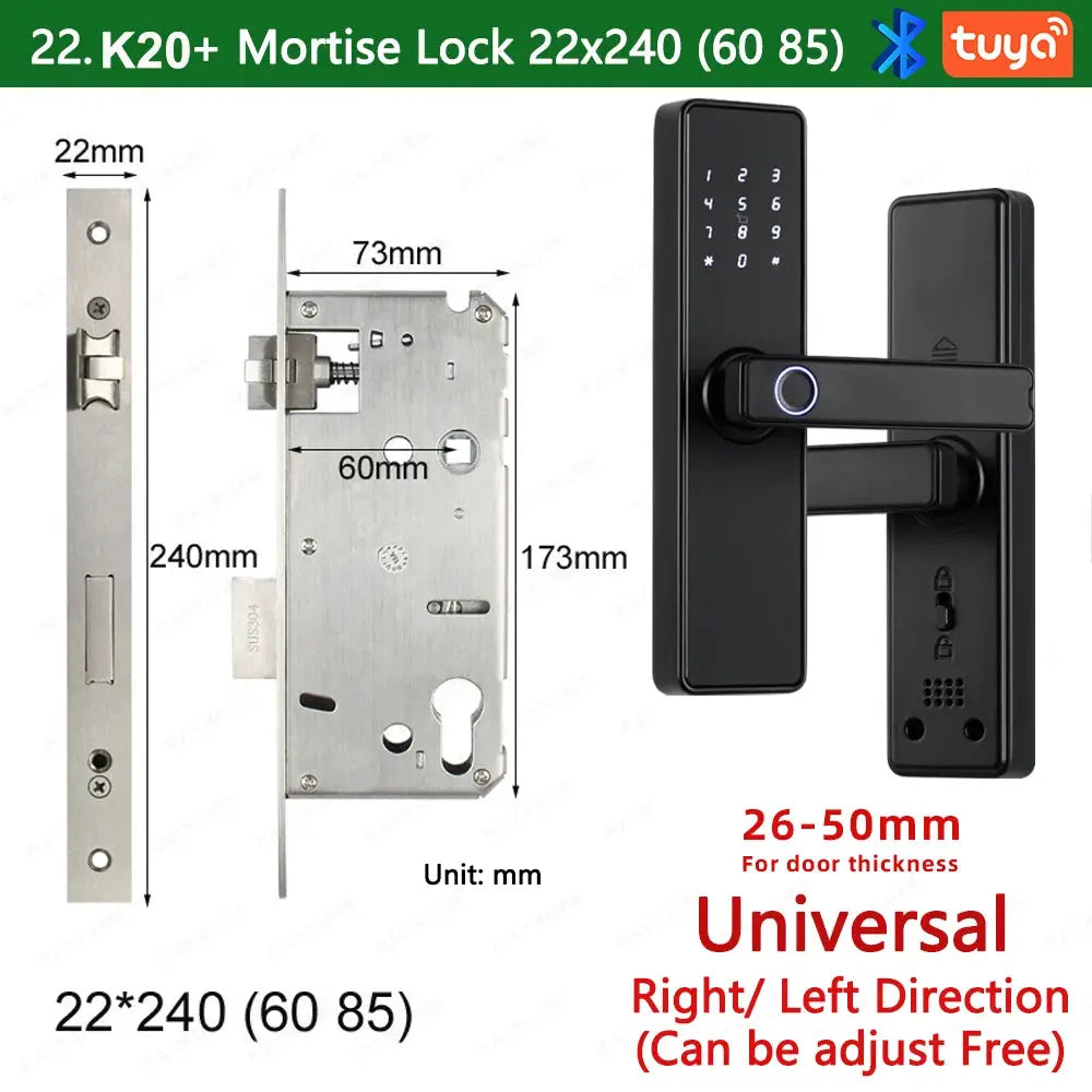 RAYKUBE K20 smart biometric door lock with keypad and fingerprint reader, Tuya-compatible, black finish