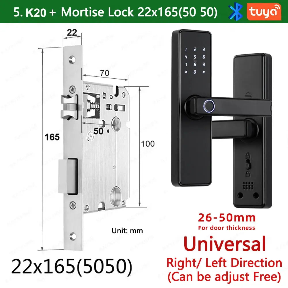 RAYKUBE K20 biometric smart door lock with Tuya app; black keypad lock and silver mortise lock, 2-piece set.