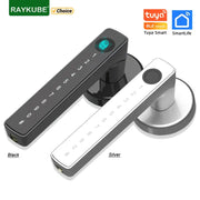 RAYKUBE M5 fingerprint door lock in black and silver finishes; two Tuya BLE smart lock units with keypad