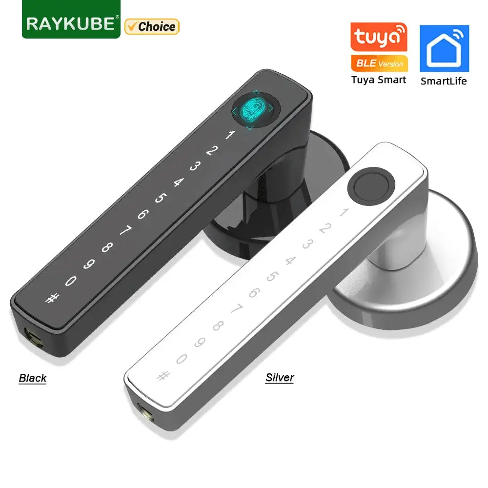 RAYKUBE M5 fingerprint door lock in black and silver finishes; two Tuya BLE smart lock units with keypad
