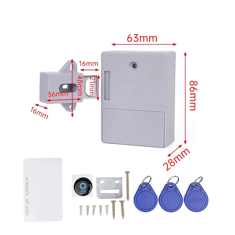 KAK RFID cabinet lock with invisible sensor; gray unit with mounting plate, screws, access card and 3 blue key fobs