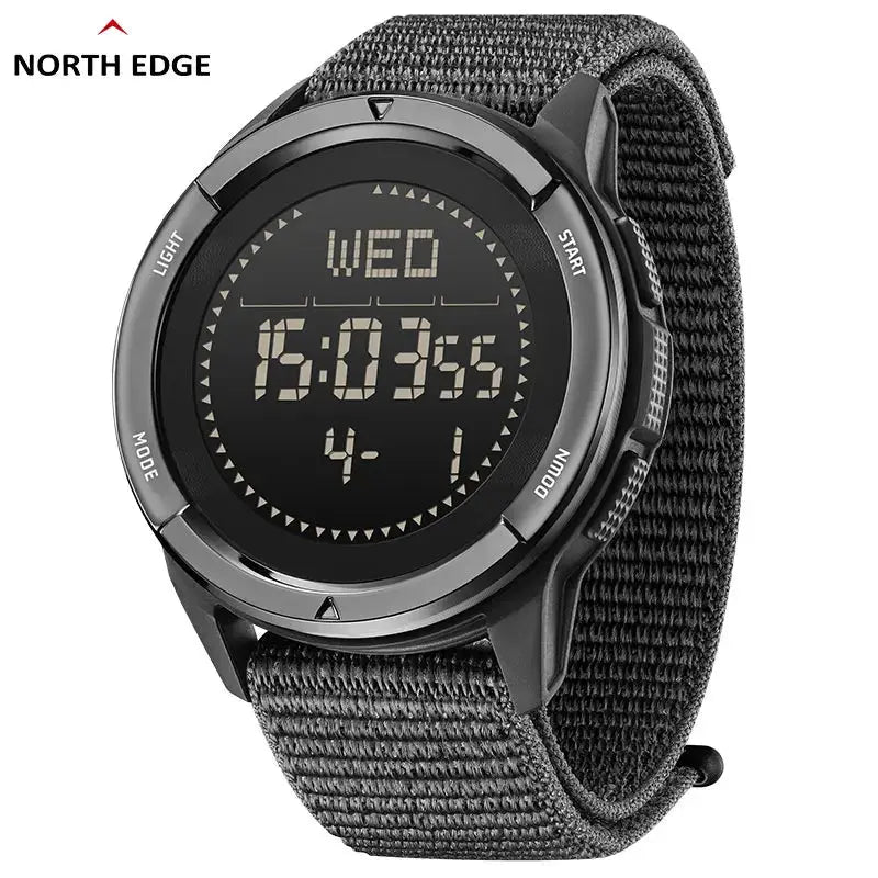 North Edge Alps digital men's watch with carbon fiber bezel and black woven strap, 50M waterproof