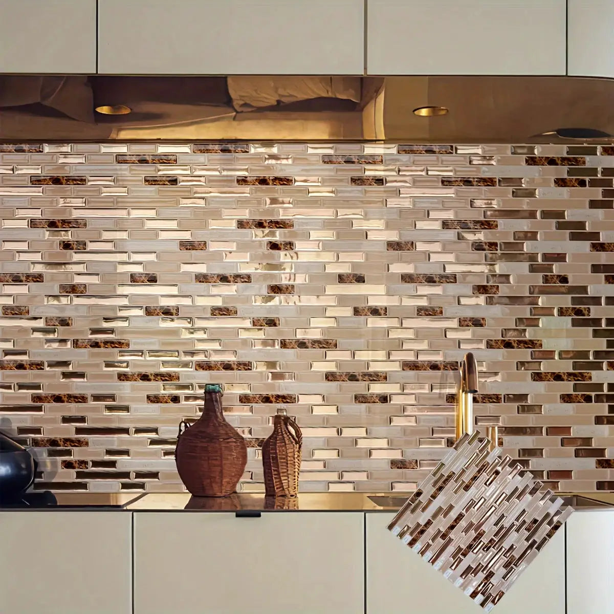 Simples Market gold mosaic self-adhesive wall tiles for kitchen backsplash, metallic glass with brown accents