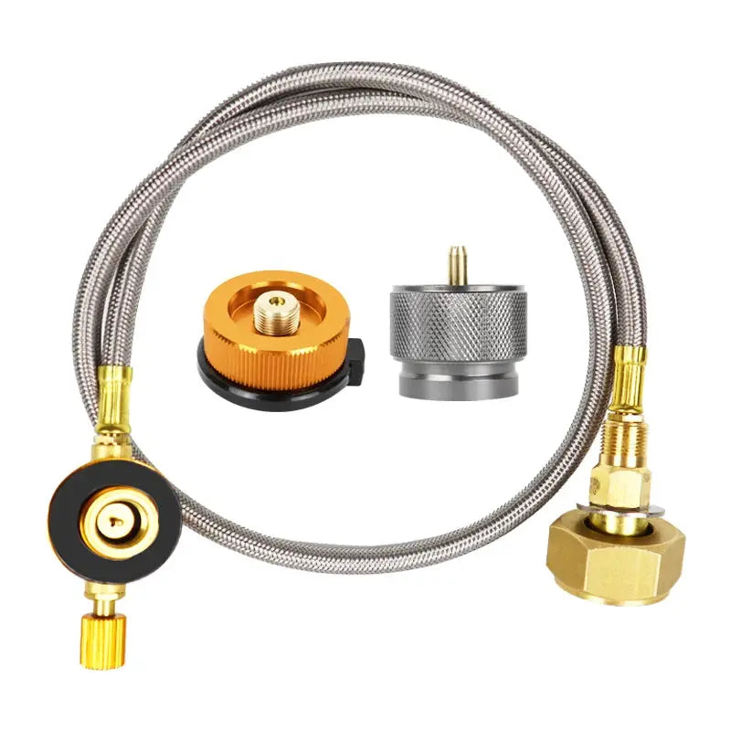 Camping gas refill adapter kit by Simples Market with braided stainless hose and brass fittings