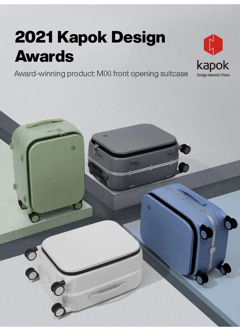 Mixi patent-design aluminum-frame carry-on suitcases, 4-piece set in green, gray, white and blue by Simples Market.