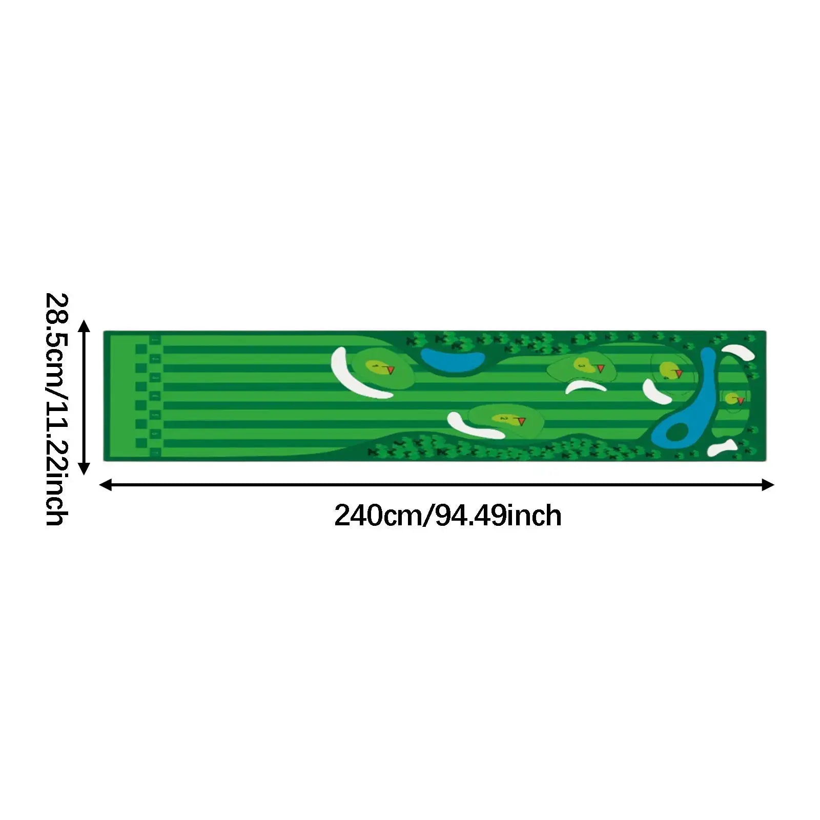 Golf putting mat with green lawn design, portable home training aid, 240cm long