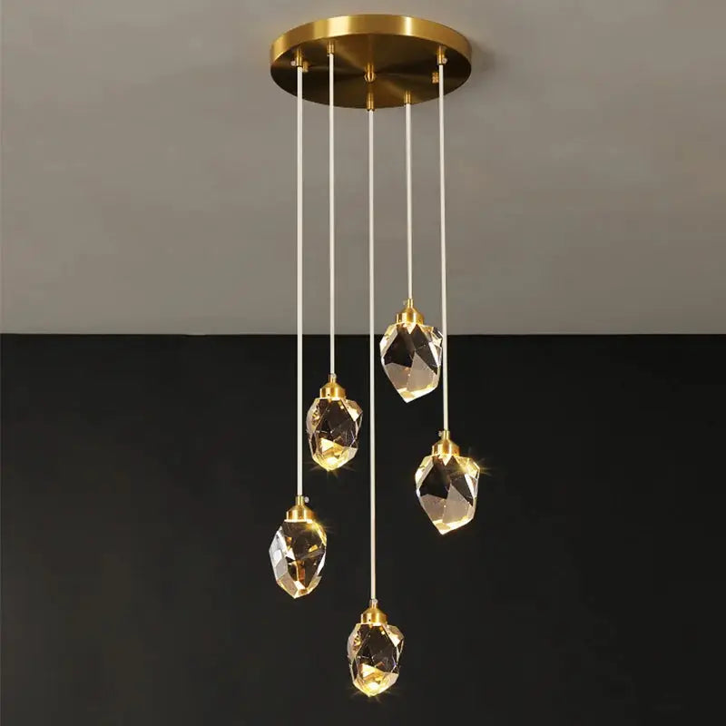 Ceiling pendant lamp with five crystal drops and a gold canopy, modern Nordic chandelier
