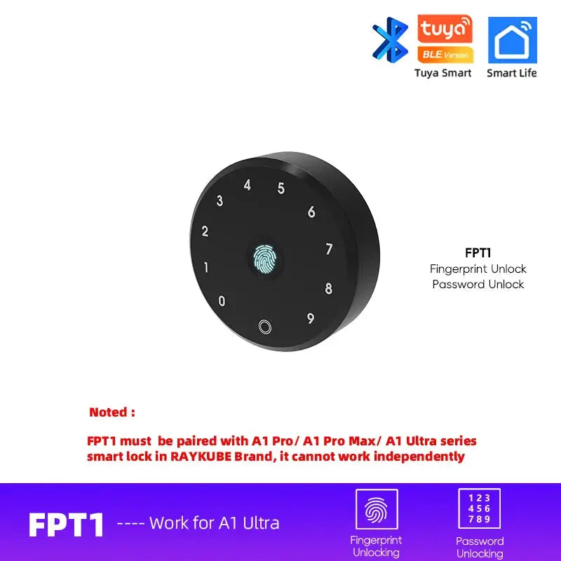 RAYKUBE A1 Ultra fingerprint keypad smart lock with FPT1, black circular keypad and fingerprint sensor; Tuya BLE logos
