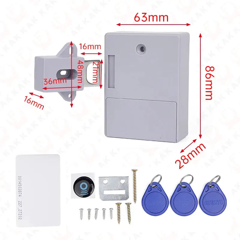 KAK RFID cabinet locker lock by Simples Market; gray plastic electronic keyless lock with 3 blue RFID fobs.