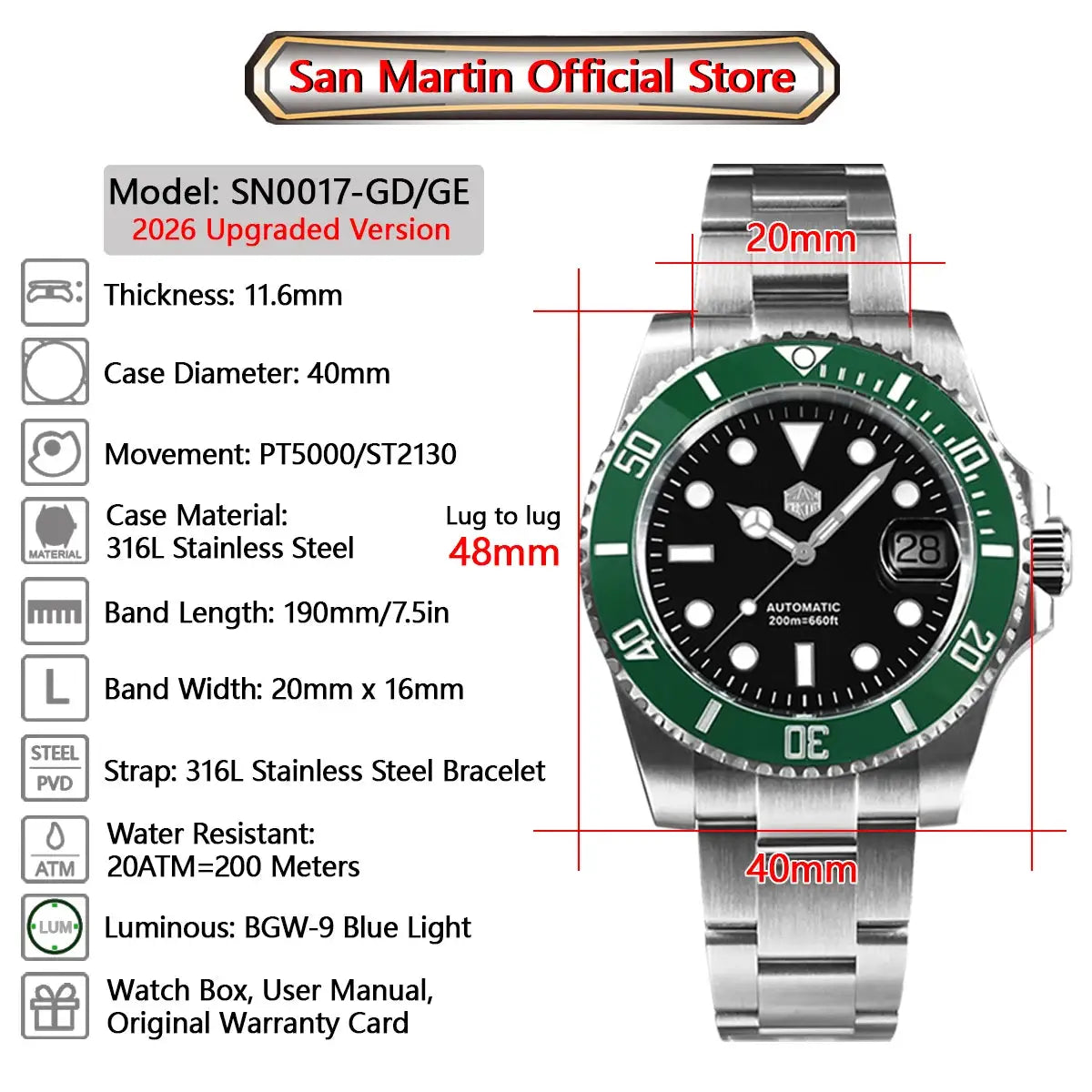 San Martin 40mm Water Ghost Diver watch for men; stainless steel bracelet, green bezel, black dial, automatic movement, 200m water resistant