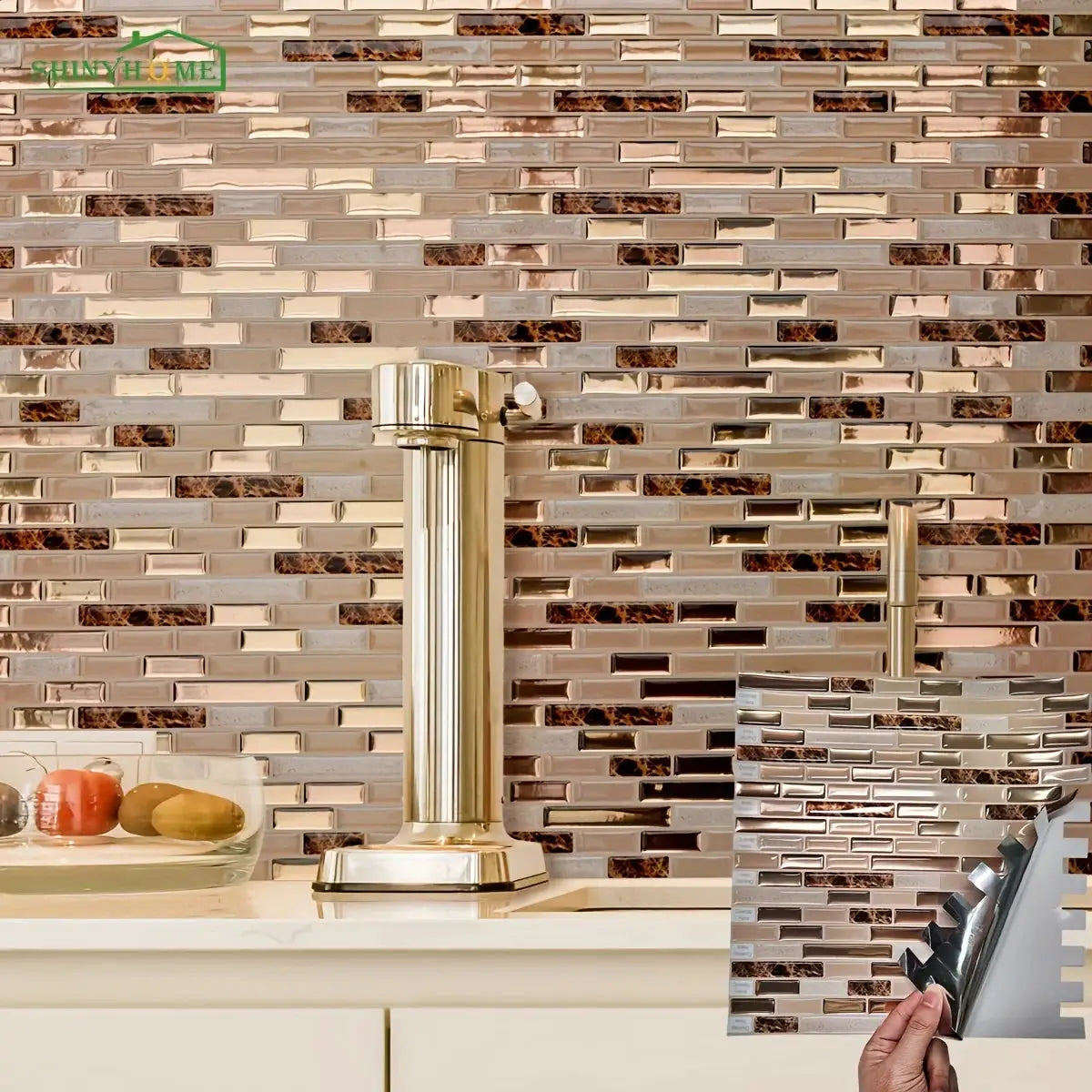 Simples Market gold mosaic self-adhesive wall tile sheet; metallic beige-brown glass mosaic, 11.8 x 12 in