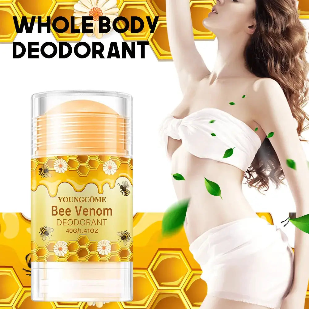 Bee Venom Deodorant by Youngcome in yellow honeycomb packaging, 40 g bottle