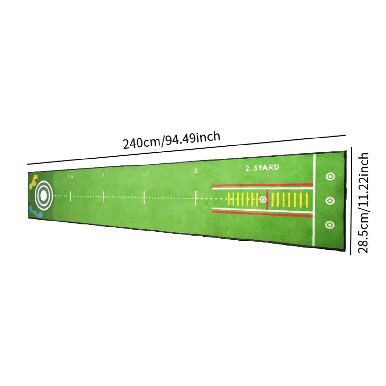 Green golf putting mat with measurement ruler, 240 cm (94.49 in) long for home practice