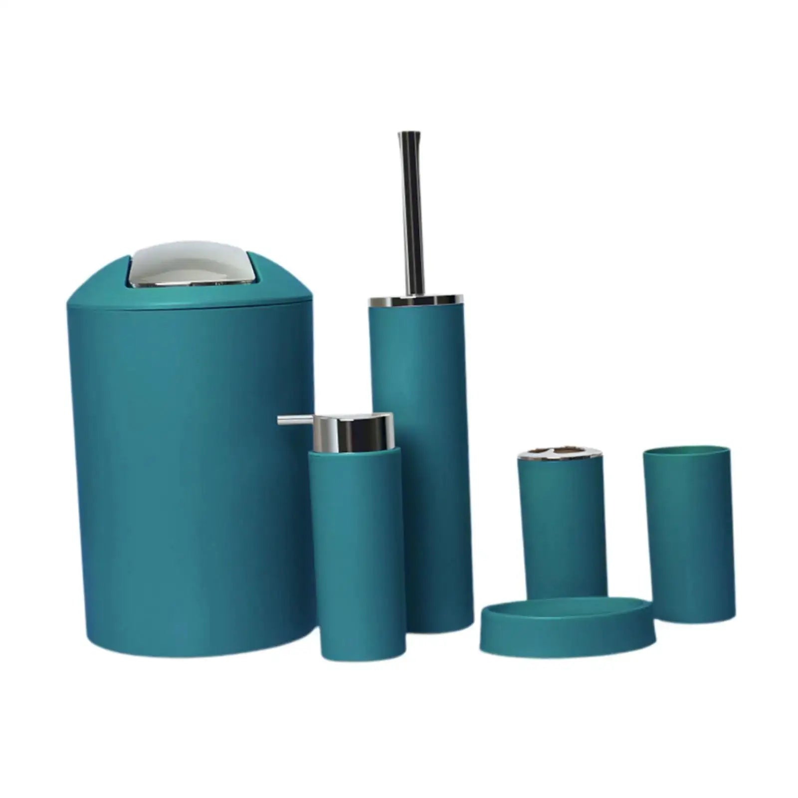 6-piece teal bathroom accessories set by Simples Market including trash can, lotion dispenser, toothbrush holder, soap dish