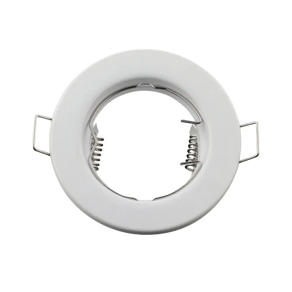 Down light recessed LED ceiling fixture frame with white circular trim and metal spring clips