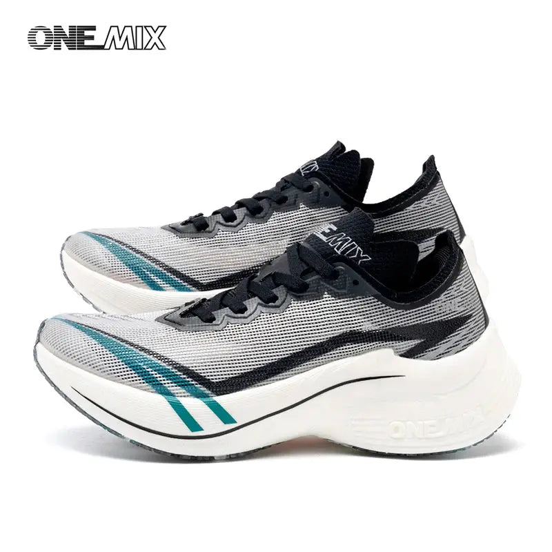 ONEMIX marathon carbon-plate running shoes pair for men, grey mesh with teal accents and white chunky midsole