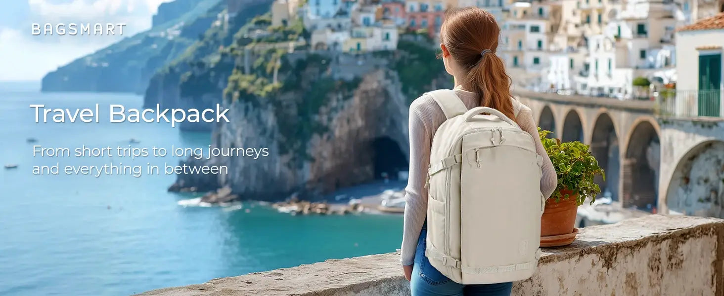 BAGSMART travel backpack for women in beige, 30L carry-on, water-resistant luggage daypack
