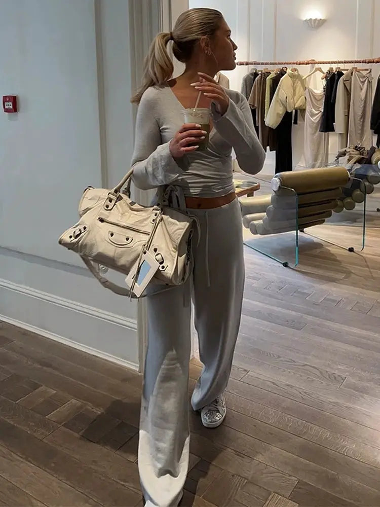 Absobe 2 Piece Leisure Suit Women Flare Sleeve Crop Cardigan Pants