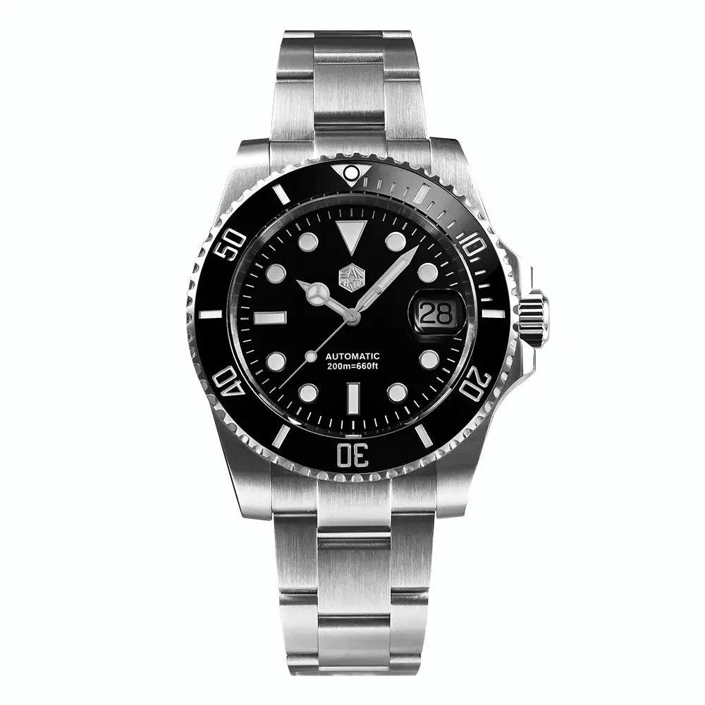 San Martin Water Ghost 40mm automatic diver watch with black dial, stainless steel bracelet, 200m water resistance