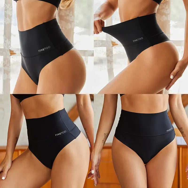Seamless high waist thong briefs, black, abdomen-hip lift shaping, FINETOO