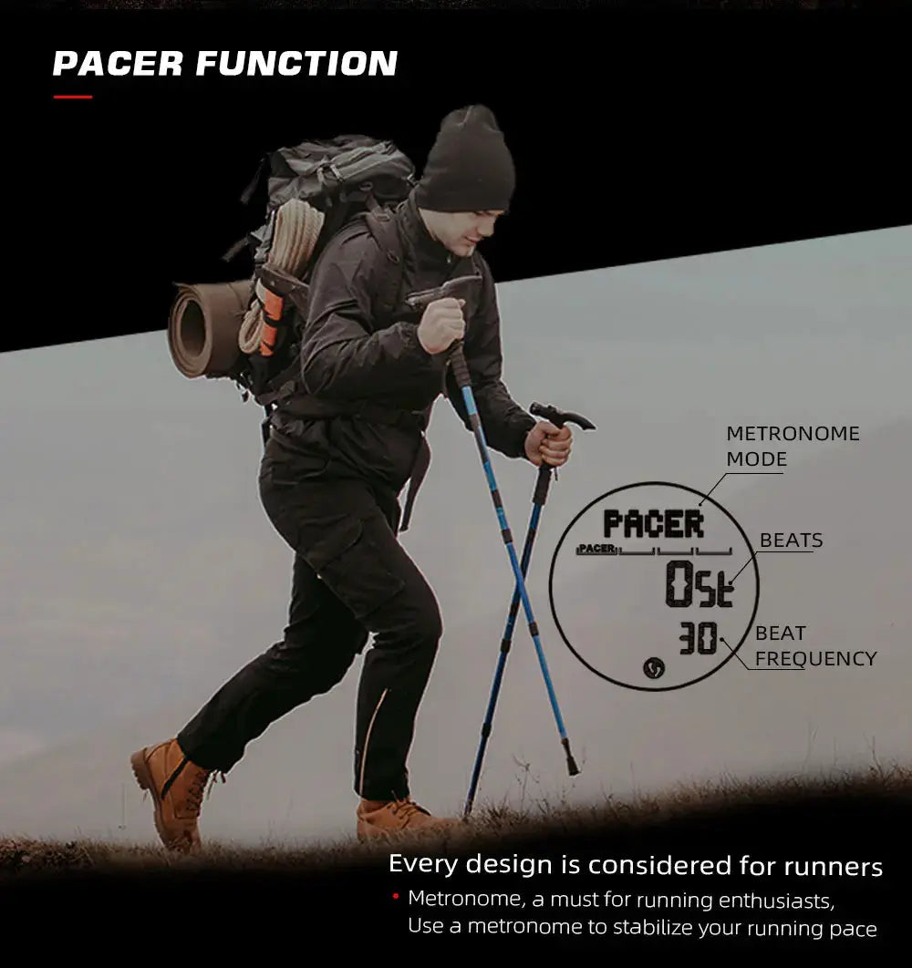 NORTH EDGE ALPS watch with digital display and pacer-function dial overlay beside a hiker with trekking poles