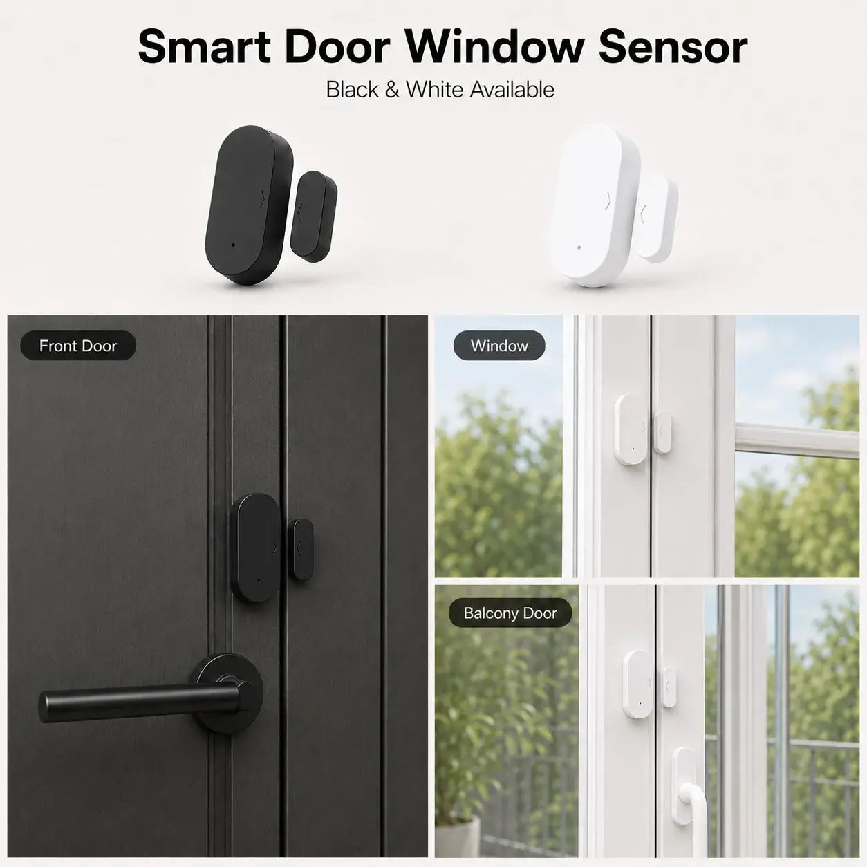 Zigbee 3.0 door/window contact sensor by Simples Market; black and white variants for smart home.