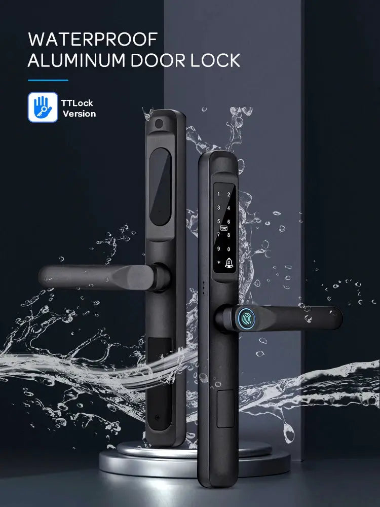 Waterproof aluminum door lock with TTLock Bluetooth app, fingerprint access, RFID and keypad