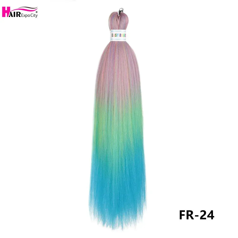Easy Braids 26in jumbo synthetic braids in pastel ombre rainbow (pink to purple to green to blue), Hair Expo City logo