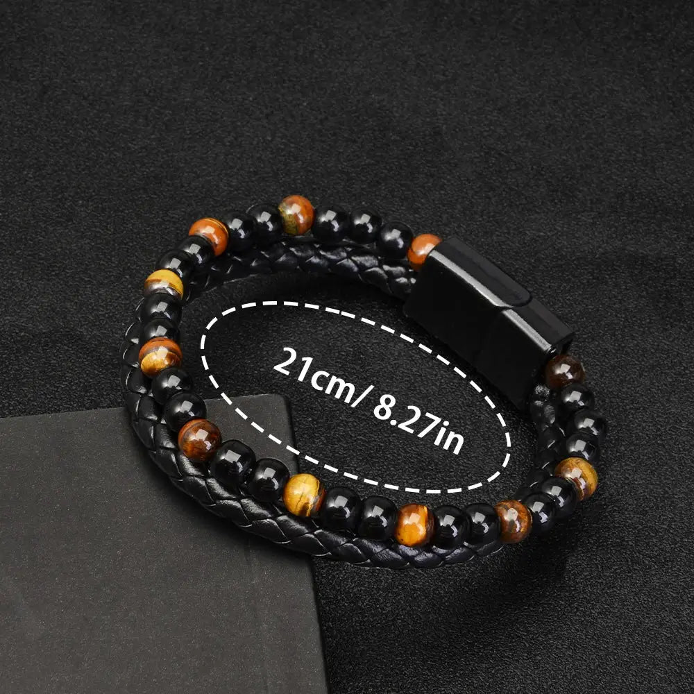 Stainless steel bracelet with tiger eye and lava stone beads on a black braided band, unisex, 21 cm
