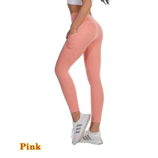 Womens pink high-waist workout leggings with pockets and tummy-control compression by Simples Market