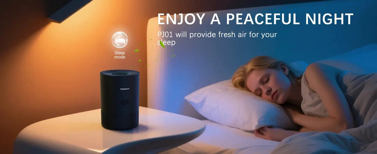 Chuboor air purifier by Simples Market, black cylindrical unit on a nightstand beside a sleeping person.