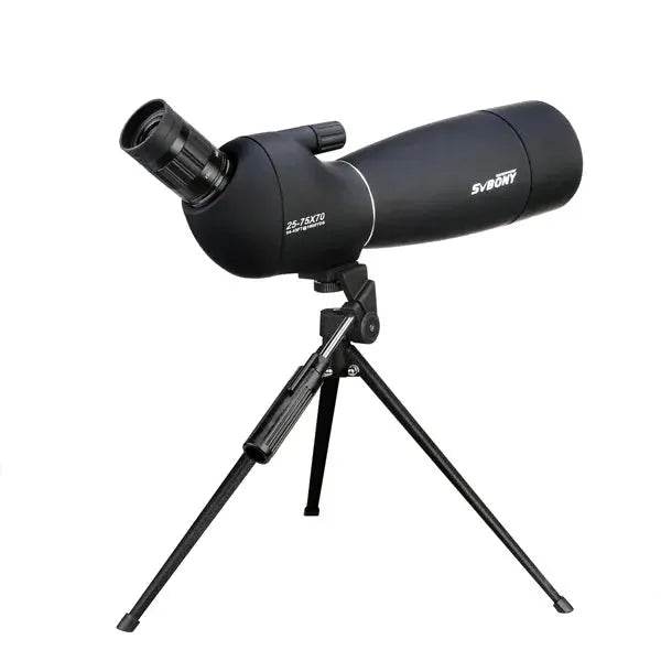 SVBONY SV28 spotting scope on tripod, black with adjustable mount for bird watching.