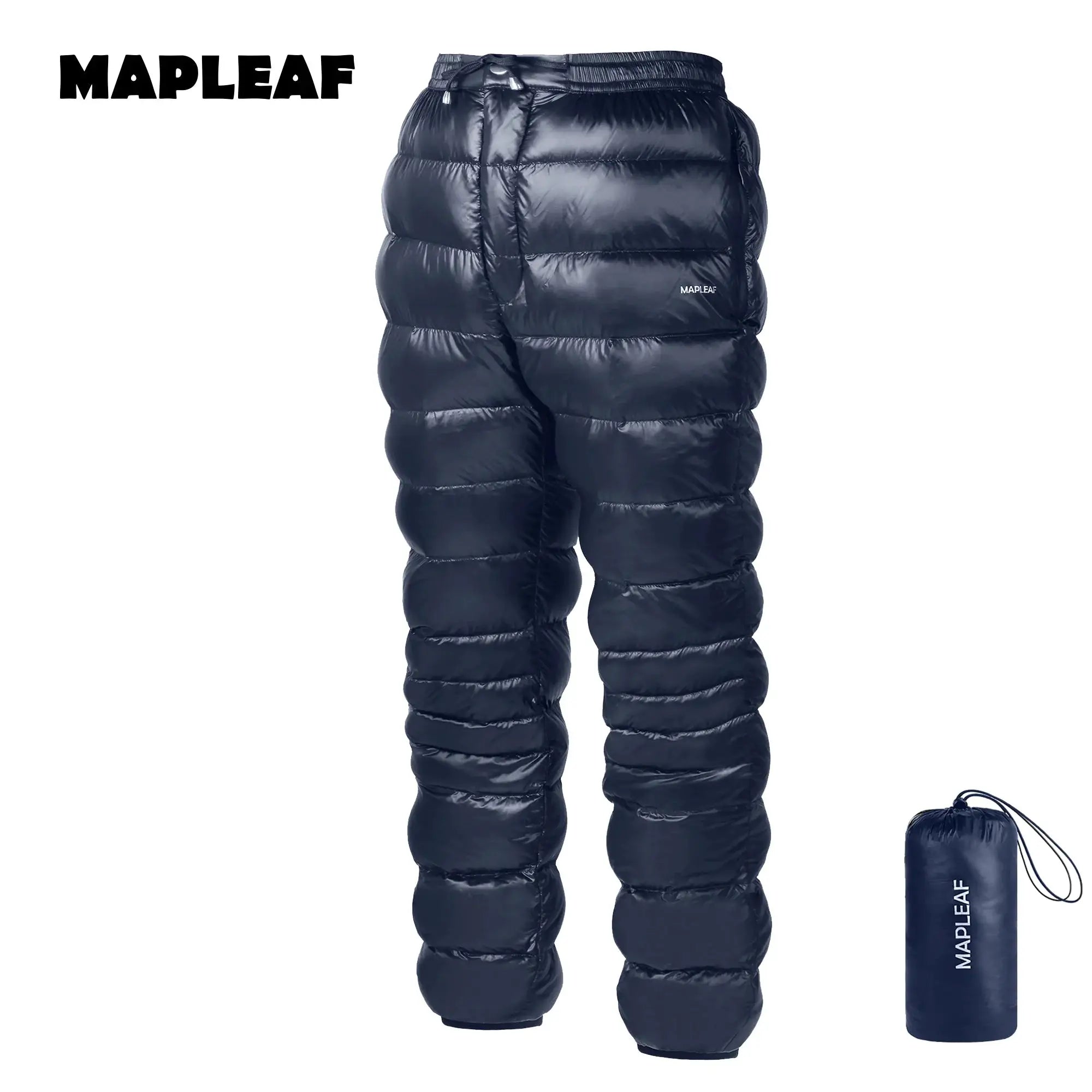 MAPLEAF navy ultralight down hiking pants with quilted baffles and carrying pouch