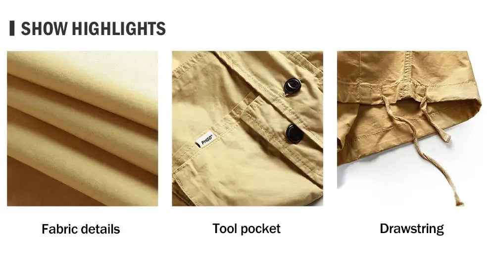 Men's khaki multi-pocket cargo pants with oversized baggy wide-leg fit and drawstring ankle cuffs